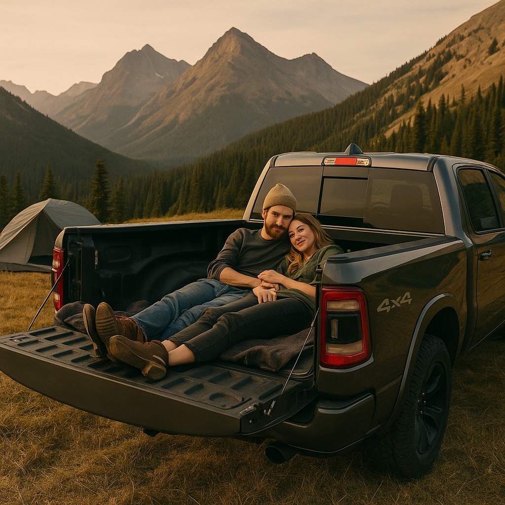 Pár odpočívající na korbě Dodge RAM v horách při západu slunce